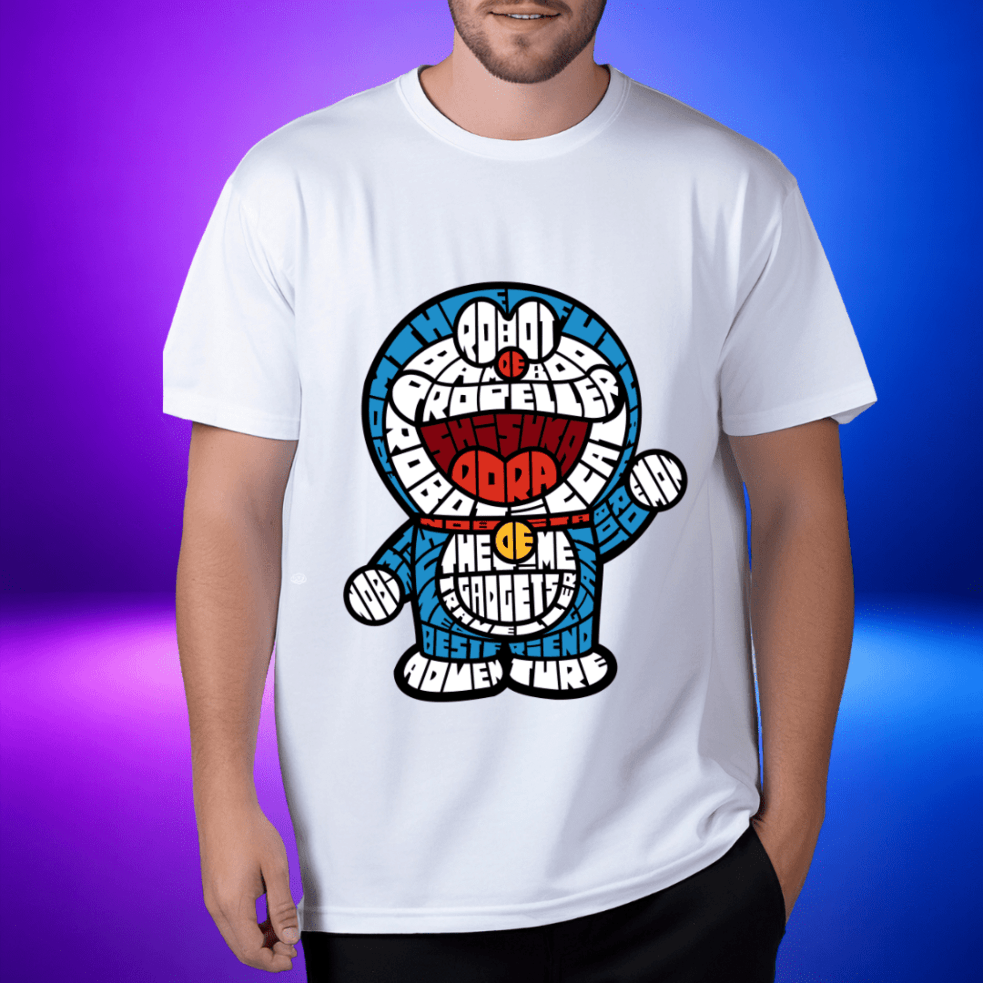 Camiseta Caligrama Doraemon 100% Algodón | Diseño Cartoon Japonés | Unisex S-2XL - 1